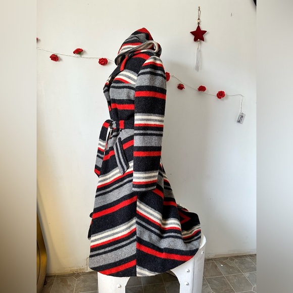 RARE Vintage 70’s Retro Boho Chevron Stripe Red Grey Black Wool Long Coat M L - Picture 6 of 10